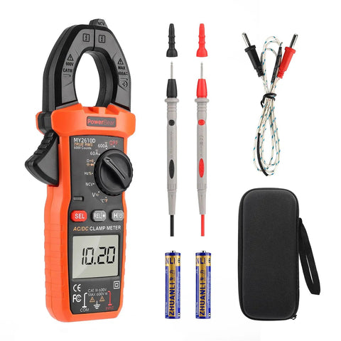 Digital Clamp Meter Multimeter 6000 Counts with Auto Ranging True RMS for AC and DC current and voltage, probes, and case.