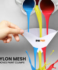 Ultra Fine 190 Micron Paint Filters, 50 Pack Nylon Mesh Strainers in use with multicolor paint flowing through cone filter
