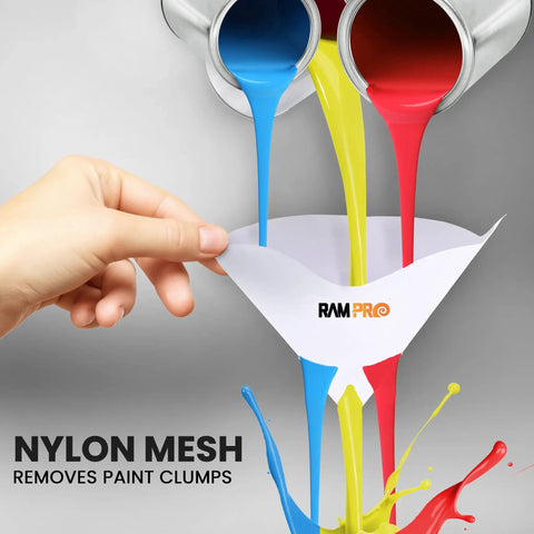 Hand holding Ultra Fine 190 Micron Paint Filter Strainers 100 Pack Blue Nylon Mesh catching colorful paint