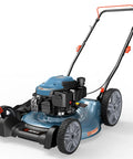 144 CC Gas Lawn Mower 21 Inch 2 In 1 Push With Mulching And Side Discharge 4 Cycle Engine on display with wheels visible