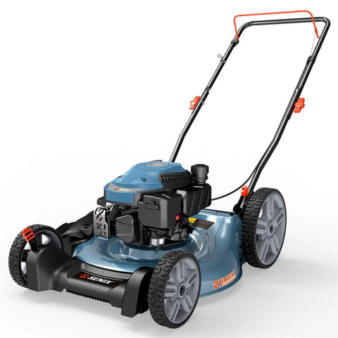 144 CC Gas Lawn Mower 21 Inch 2 In 1 Push With Mulching And Side Discharge 4 Cycle Engine on display with wheels visible