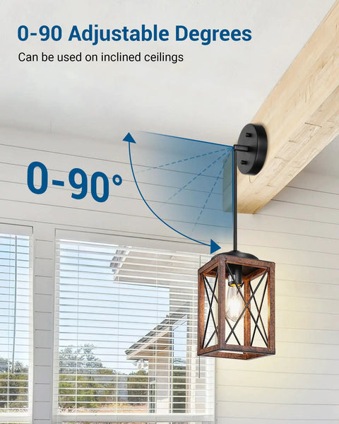 Farmhouse Pendant Light With Metal Frame And Wood Grain Finish, 48 Inch Adjustable Pipe Suspension for sloped ceilings shown indoors