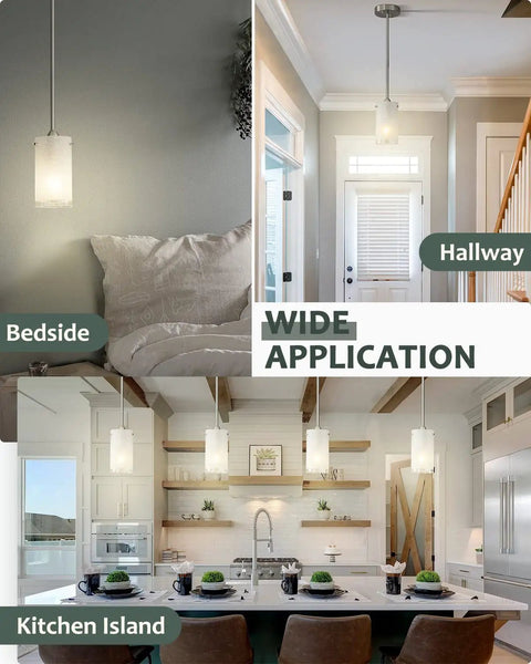 One Light Mini Pendant With White Frosted Shade, Brushed Nickel Finish, installed in kitchen, hallway, and bedside settings