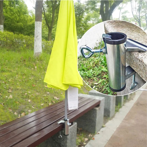 Heavy Duty Umbrella Clamp Holder For Patios And Beach Tents Adjustable Outdoor Shade Mount fits a bench with yellow umbrella.