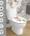 Elongated Toilet Seat White Resin for Bathroom with floral design, fitting standard toilets, showcasing adjustable features.