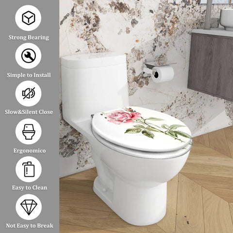 Elongated Toilet Seat White Resin for Bathroom with floral design, fitting standard toilets, showcasing adjustable features.