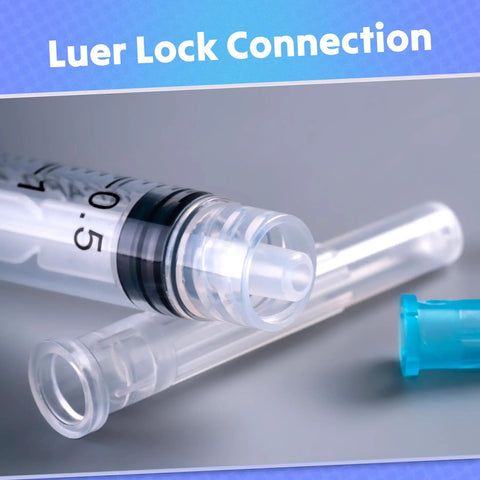 The Real Deal 3Ml Sterile Syringes With Sharp 23G 1 Inch Needles, Leak Proof Luer Lock connection detail.