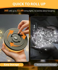 Two images showing 4 In 1 Camping String Light With Rechargeable Battery Thirty Two Point Eight Feet storage ease versus tangled cords.