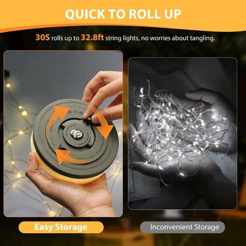 Two images showing 4 In 1 Camping String Light With Rechargeable Battery Thirty Two Point Eight Feet storage ease versus tangled cords.