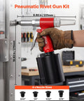 Pneumatic Rivet Gun Kit With Four Nosepieces 3/32 Inch 1/8 Inch 5/32 Inch And 3/16 Inch For Flexible Riveting In Metal Fabrication Automotive And Construction Projects Built For Real World Jobs Lightweight Durable And Easy To Use, red pneumatic rivet gun with black collector attached to metal panel
