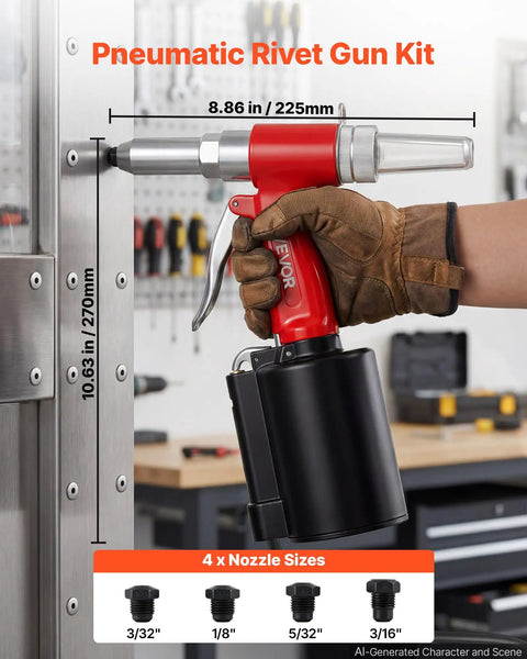 Pneumatic Rivet Gun Kit With Four Nosepieces 3/32 Inch 1/8 Inch 5/32 Inch And 3/16 Inch For Flexible Riveting In Metal Fabrication Automotive And Construction Projects Built For Real World Jobs Lightweight Durable And Easy To Use, red pneumatic rivet gun with black collector attached to metal panel