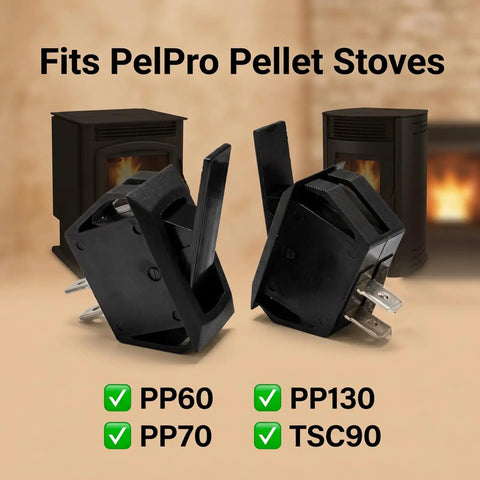 Direct Fit Pellet Stove Hopper Cover Switch Replacement For SRV7000 612 And SRV7000 819 displayed with compatible PP60 PP70 PP130 TSC90 and stoves in background