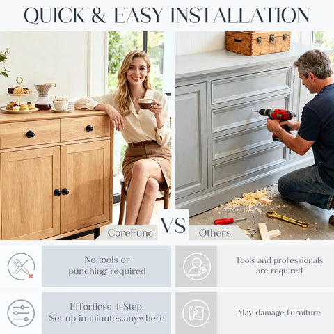 Comparison of self-adhesive installation and traditional drilling for 4 Pack Flat Round Self Stick Cabinet Handles in use.