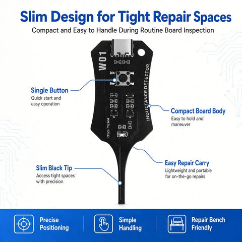 Inductance Tester For PCBs And Motherboard Coils Pro Grade Electronic Circuit Board Detector For PCB Repair And Phone Troubleshooting DIY Friendly Dual Pack Coil Tester W01 Compatible detailed features diagram.