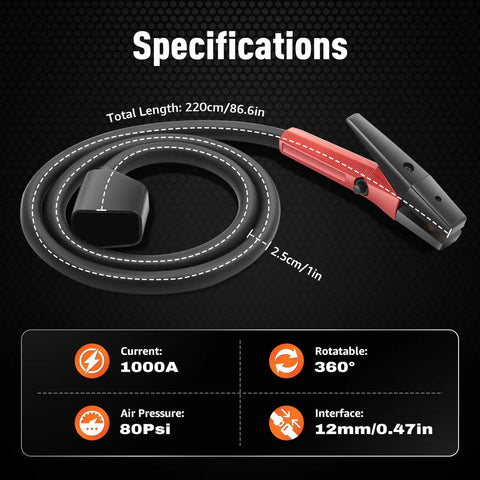 Beefy 1000 Amp Carbon Arc Gouging Torch With 7 Foot Cable high current metalwork tool specifications shown.