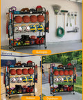 All-In-One Garage Sports Organizer With Rolling Wheels, Built Tough 4 Tier Gear Rack holding balls and equipment.