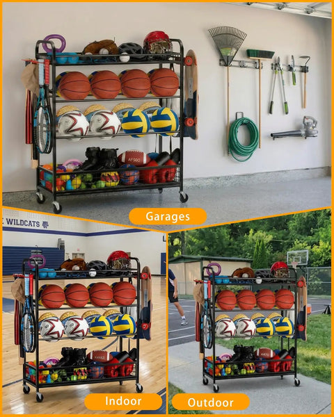 All-In-One Garage Sports Organizer With Rolling Wheels, Built Tough 4 Tier Gear Rack holding balls and equipment.
