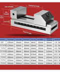 2 Inch Quick Moving Vise For Milling And Metalworking with dimensions and specs chart on red background