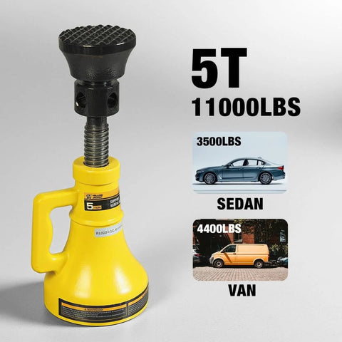 Heavy Duty Five Ton Car Support Screw Jack For Home Garage Construction And Bridge Stabilization Pro Grade Lift With Adjustable Range From Nine And A Half To Thirteen And Three Eighths Inches Rugged Anti Skid Base And Saddle Ten Thousand Pounds Capacity