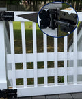 Self Closing Gate Hinges Kit Adjustable Heavy Duty Hardware For Wood Vinyl Metal Outdoor Fences Built To Last Tough As Nails 90 Degree Swing Includes Self Tapping Screws And Swing Adjuster Tool Two Pack Black Finish installed on white gate