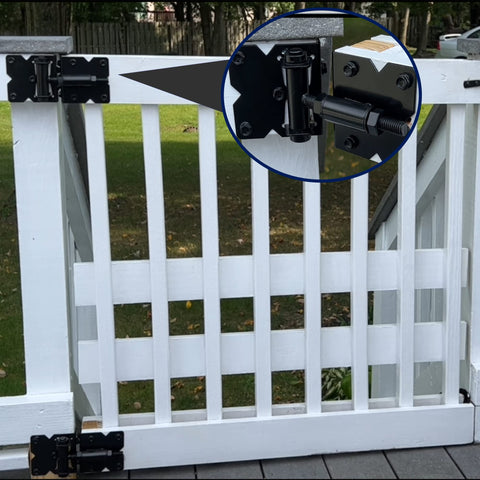 Self Closing Gate Hinges Kit Adjustable Heavy Duty Hardware For Wood Vinyl Metal Outdoor Fences Built To Last Tough As Nails 90 Degree Swing Includes Self Tapping Screws And Swing Adjuster Tool Two Pack Black Finish installed on white gate
