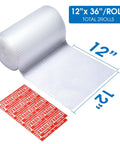 Bubble Cushioning Wrap Roll 12 Inch Wide, 72 Feet Total, Two Perforated Rolls With Easy Tear, Includes 20 Fragile Labels