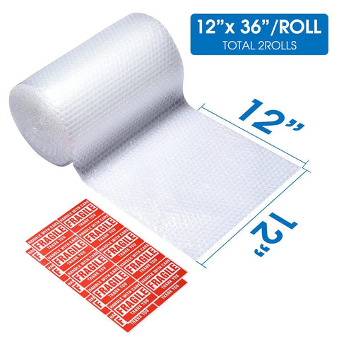 Bubble Cushioning Wrap Roll 12 Inch Wide, 72 Feet Total, Two Perforated Rolls With Easy Tear, Includes 20 Fragile Labels