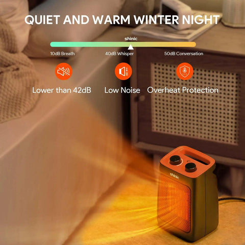 Portable Space Heater With Thermostat, 1500W PTC Ceramic Indoor Heater in orange on bedside table, warm glow