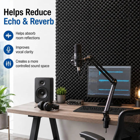 Two Pack Black Egg Crate Acoustic Foam Wall Panels With Peel And Stick Backing For Home Studios High Density Sound Dampening Tiles. Black acoustic foam panels on wall in a home studio with desk setup.