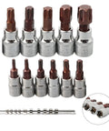 Top Tier 11 Piece Torx Bit Socket Set With T10 To T60 Chrome Vanadium Steel Driver Bits For Tough Automotive Repairs And Heavy Mechanical Maintenance Work Using Both Inch Drive Sizes. 11-piece chrome vanadium Torx bit socket set with T10-T60 sizes