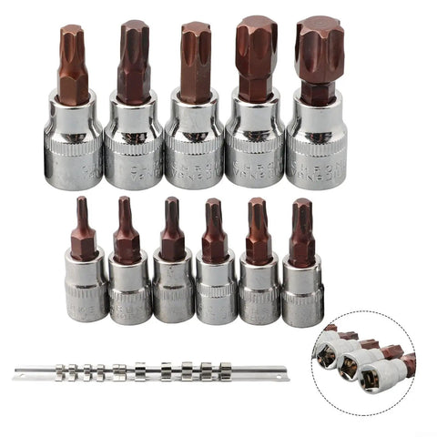 Top Tier 11 Piece Torx Bit Socket Set With T10 To T60 Chrome Vanadium Steel Driver Bits For Tough Automotive Repairs And Heavy Mechanical Maintenance Work Using Both Inch Drive Sizes. 11-piece chrome vanadium Torx bit socket set with T10-T60 sizes