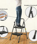 Person using a two step folding ladder with non slip wide pedal and rubber feet, lightweight steel stool with sponge safety handrail, 330 lb capacity, portable multi use ladder for home and office, gray, indoors.