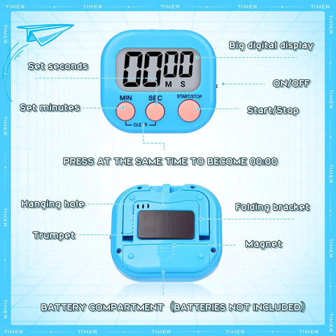 Front and back view of blue digital kitchen timer from Digital Kitchen Timer Set With 12 Pack Magnetic Timers In 6 Bright Colors.