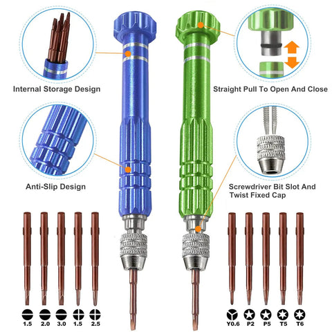 Must Have Handy Eyeglasses Screwdriver Kit 13 In 1 Magnetic Bits Set, showing blue and green screwdrivers with tips and features