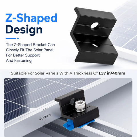 Z-shaped bracket for secure solar panel mounting, fits panels 1.57in/40mm, part of Heavy Duty Solar Panel End Clamp Kit.