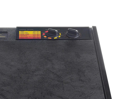 Control panel of Five Tray Electric Food Dehydrator Featuring Adjustable Thermostat And 26 Hour Timer with settings and guide.