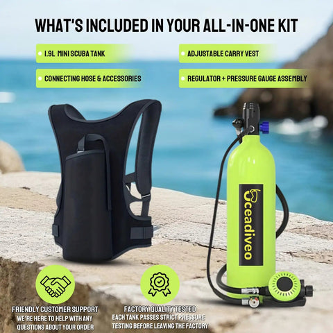 DOT Certified 1.9L Scuba Tank Pony Bottle for Snorkeling and Boat Cleaning, shown with carry vest, and pressure gauge.