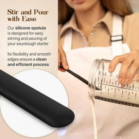 Go To Sourdough Starter Kit With 34oz Starter Jar and silicone spatula pouring batter