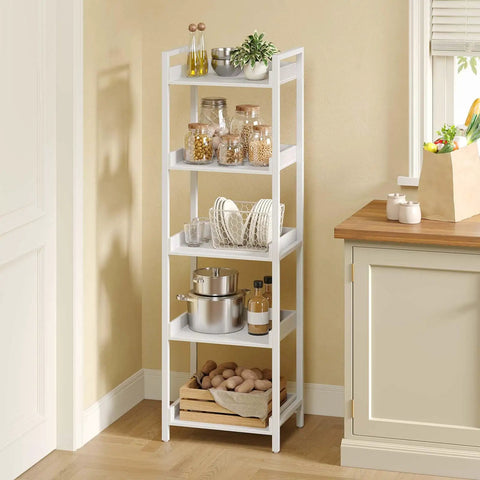 Hefty Capacity White Five Tier Bookshelf With Secure Lip Barriers Compact Wooden Storage Rack And Clean Open Display Shelves Go To Room Essential For Modern Homes
