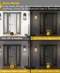 Motion Sensor Wall Sconces Two Pack Dusk To Dawn Outdoor Front Porch Lights Waterproof Auto Night Lighting With Motion Activated Full Brightness Then Dim To Low After One Minute, showing auto brightness modes in four stages