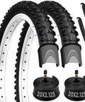 Folding 20x2.125 Mountain Bike Tires Pack With Levers and Schrader Valve Puncture Resistant Replacement Tires For BMX MTB Off Road Riding 57 406 Size Two Pack, showing tires, inner tubes, levers, and valves.