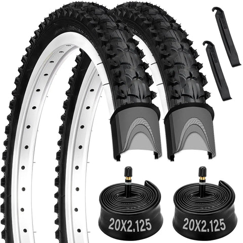 Folding 20x2.125 Mountain Bike Tires Pack With Levers and Schrader Valve Puncture Resistant Replacement Tires For BMX MTB Off Road Riding 57 406 Size Two Pack, showing tires, inner tubes, levers, and valves.