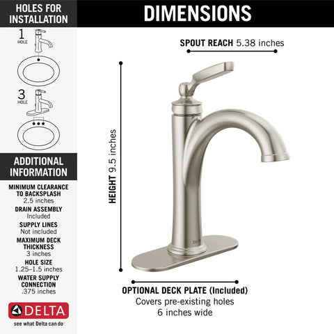 Image showing Brushed Nickel Single Hole Bathroom Faucet For Vanity With 1 Hole Or 3 Hole Install Push Pop Drain Assembly Metal Spout Deck Plate Included Durable Stainless Steel Build Easy Valve Slick Modern Look with dimensions and installation options.