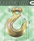Heavy Duty 1/2 Inch G70 Clevis Chain Hooks With Safety Latch 6 Pack Grade 70 Forged Steel on green background, showcasing dimensions.