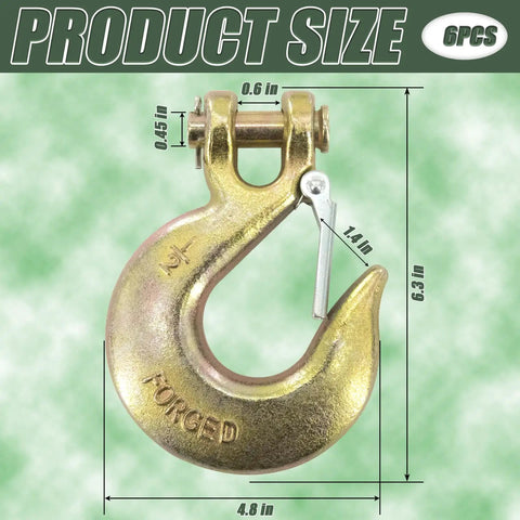 Heavy Duty 1/2 Inch G70 Clevis Chain Hooks With Safety Latch 6 Pack Grade 70 Forged Steel on green background, showcasing dimensions.