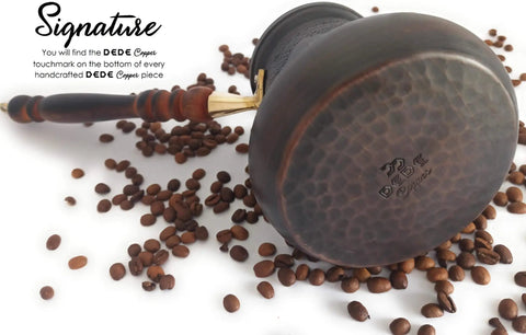Bottom view of XXL Copper Cezve Coffee Pot With Wooden Handle, Hand Engraved And Hammered Solid Copper Ibrik Briki