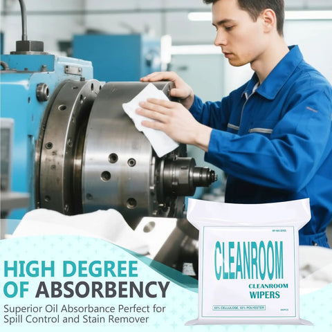 Top Shelf 900 Pack Cleanroom Wipes Straight Up Lint Free Nonwoven Microfiber Disposable Cloth Ultra Fine Fibers Laser Sealed Edge in use for cleaning machinery.