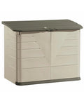 Huge Horizontal Resin Outdoor Storage Shed with Floor 5 by 4 feet weather resistant beige brown front view