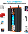 1100 Watt Pure Sine Wave Inverter For RV And Off Grid Power Converts 12V DC To 110 And 120 VAC With 2 AC Outlets, LCD display and devices supported