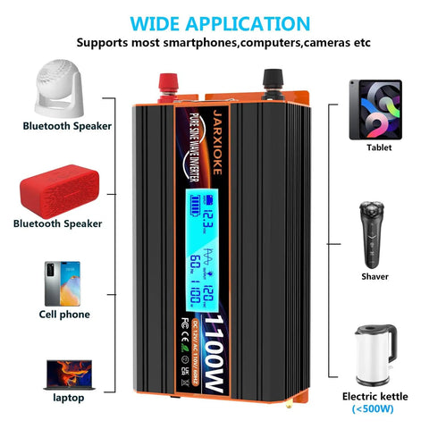 1100 Watt Pure Sine Wave Inverter For RV And Off Grid Power Converts 12V DC To 110 And 120 VAC With 2 AC Outlets, LCD display and devices supported